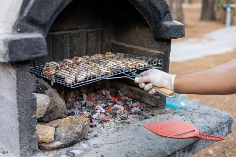 A hand with a glove holds a grill rack with cooked meat over hot coals. The scene is set in a park