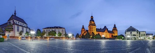 Market square illuminates panorama of Aschaffenburg Germany