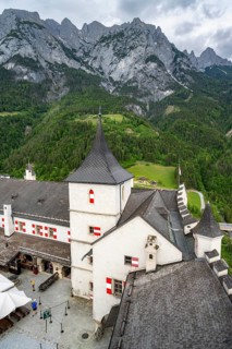 Castle with courtyard, mountain peaks of the Tennengebirge Mountains at the back, Hohenwerfen