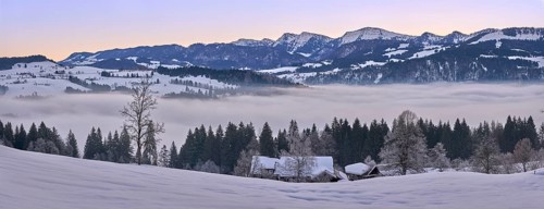 Moodx sunrise over the mountains of the Nagelfluh mountain chain in the Allgaeu Alps with Hochgrat