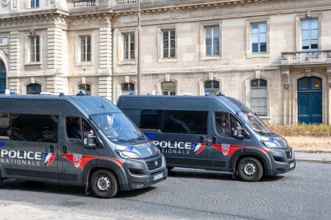 Several Renault Master Police Nationale vans secure a demonstration in the urban area, Paris, Paris