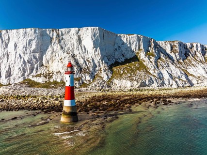 Beachy Head Lighthouse from a drone, Beachy Head Cliffs, English Channel, East Sussex, England,