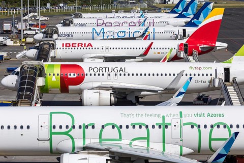 Airbus aircraft from SATA Air Azores, TAP Air Portugal and Iberia at Ponta Delgada Airport,