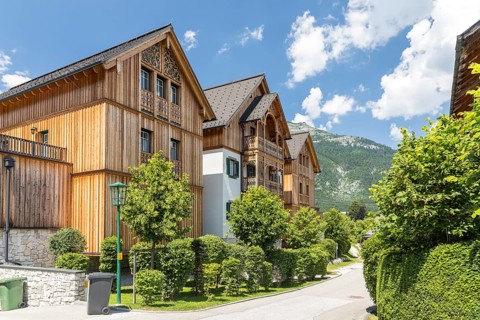 Typical houses with wood carvings on the gable in Altaussee, Styria, Austria