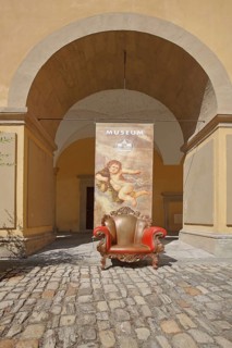 Entrance and banner with inscription to the German stroller museum in the baroque Moritzburg