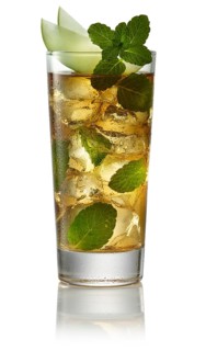 Cocktail on ice cube cubes in a long drink glass against a white background, melon wedges and mint