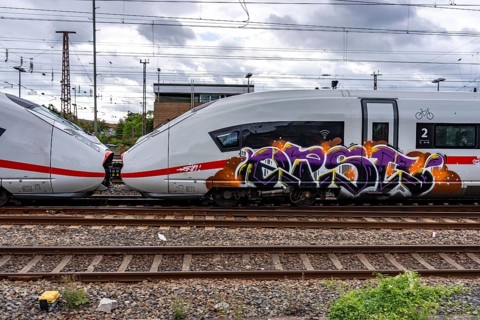 Graffiti on trains, ICE Zug, North Rhine-Westphalia, Germany
