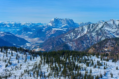 Snow-covered mountain landscape with forests under a clear sky, Wilderkaiser, Kaiser Mountains,