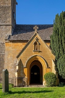 Portrait, gable, entrance, church, Stanway, The Cotswolds, England, Great Britain