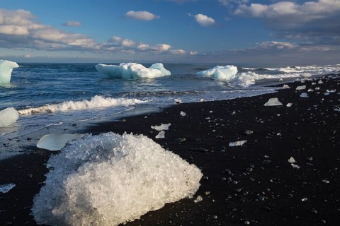 Little icebergs and crushed ice on the black beach at Joekulsarlon glacial lake