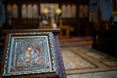 Interior view religious icon portrait of the Virgin Mary and Jesus, choir room, altar, St Mary