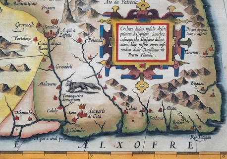 Old coloured map of Ceylon or Sri Lanka decorated with decorative cartouche, by Jodocus Hondius