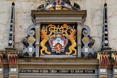 Portal Detail with Town Coat of Arms at Münden Town Hall, Weser Renaissance, Hann. Münden or