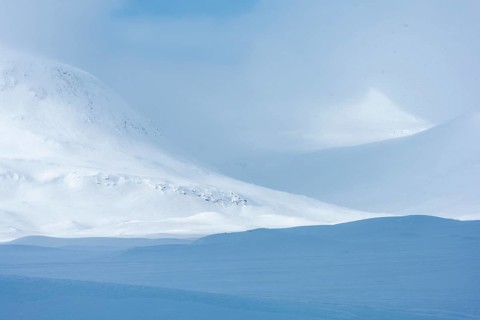 Winter landscape at Kungsleden during snowfall, Kebnekaisefjäll, Norrbotten, Lapland, Sweden, March
