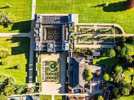 Top Down view over Wilton House from a drone, Wilton, River Nadder, Salisbury, Wiltshire, England,