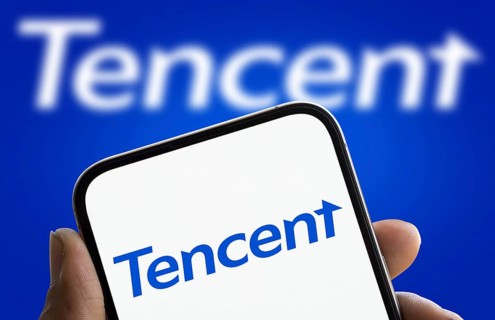Tencent logo is displayed on smartphone. Tencent Holdings Ltd is a Chinese multinational technology