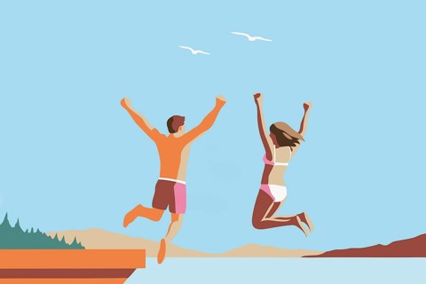 A man of Hispanic descent and a woman of African descent leap joyfully into a lake from a dock,