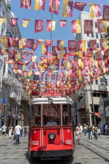 Istanbul, Turkey. June 23rd 2025. Galatasary S.K football and basketball club flags and pennants