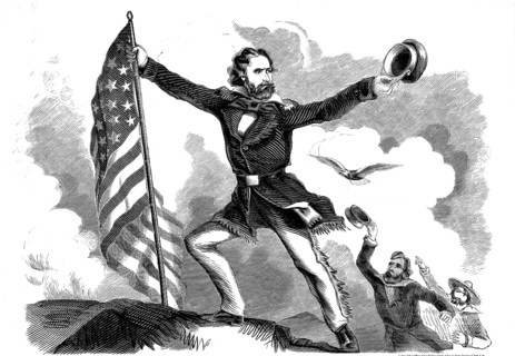 The poster shows the American officer and explorer John C. Frémont flying the American flag in the