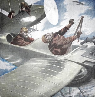 World War 1, an aerial combat over Warsaw (original pictorial text from 1915, original colouring),