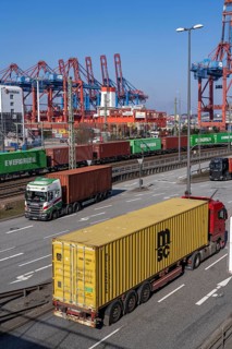 Port of Hamburg, Waltershofer Hafen, container ships, goods train with containers and container