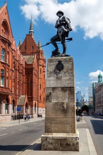 The bronze figure of a fully equipped First World War infantryman crowns the Royal Fusiliers War
