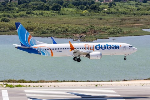 A FlyDubai Boeing 737 MAX 8 aircraft with the license plate A6-FME at Corfu airport, Greece