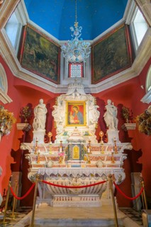 Marble altar inside Our Lady of the Rocks Church, which houses a famous 15th-century icon of the