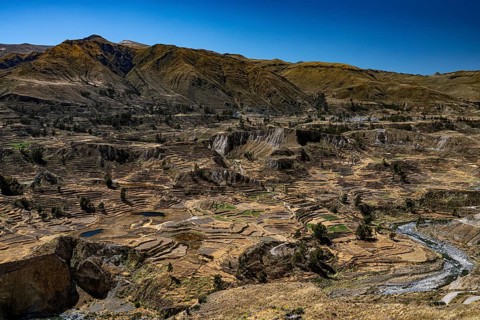 Mountain landscape with terraced fields in Colcacanon, Canon del Colca, Andes, Southern Peru, Peru,