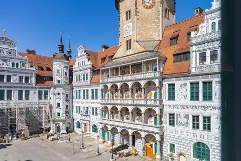 Residenzschloss, Altan and Sgrafitti in the large castle courtyard, Dresden, Saxony, Germany