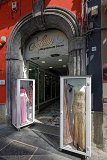 Elegant women's fashion shop, Via Chiaia shopping street, Naples, Campania, Italy