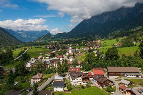 Drone image, view of the village with parish church, Braz, Klostertal, Vorarlberg, Austria