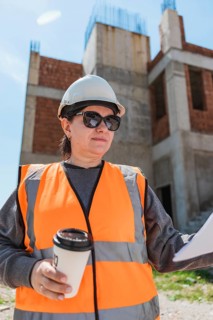 Woman in a hard hat and safety vest holds a coffee cup and construction plans at a building site.