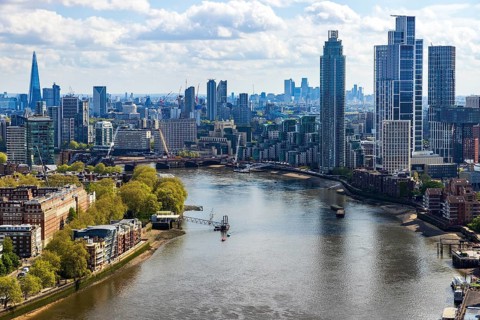 The River Thames bends past Vauxhall's riverside towers in this aerial view from Battersea Power