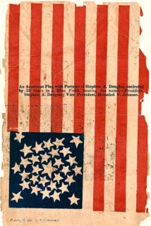 US campaign banner from 1860 depicts an American flag with 33 stars as well as the names of