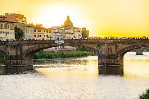 Promenade at arno river at sunset, Florence, UNESCO World Heritage Site, Tuscany, Italy