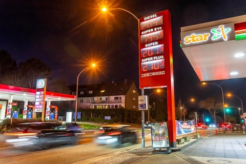 Gas station, high fuel prices due to the war in the Middle East, display board, Esso and Star gas