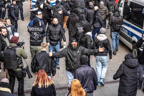 The neo-Nazi group Jung und Stark, JS, demonstrates in the city centre of Essen, demanding the