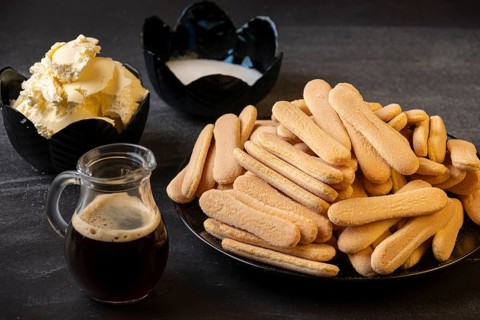 Ingredients for a dessert with sponge cake, mascarpone and coffee