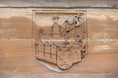 Coat of arms with the Archangel Michael and the Dragon at the Old Town Hall, Neunkirchen am Brand,