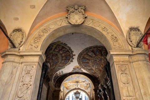Decorated entrance gate of the Palazzo dell'Archiginnasio, historic former university building, old