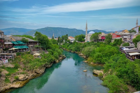 The view from the Mostar Bridge or Stari Most, Mostar, Bosnia and Herzevogina