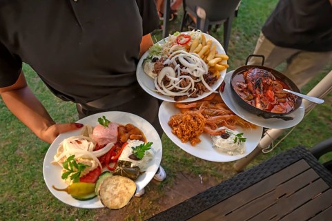 Ober serves various Greek dishes in a garden restaurant, Franconia, Bavaria, Germany