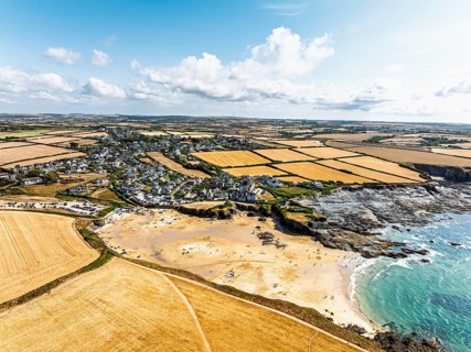 View of Trevone Beach and Trevone Bay from a drone, Trevone, Padstow, Cornwall, England, United