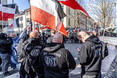 The neo-Nazi group Jung und Stark, JS, demonstrates in the city centre of Essen, demanding the