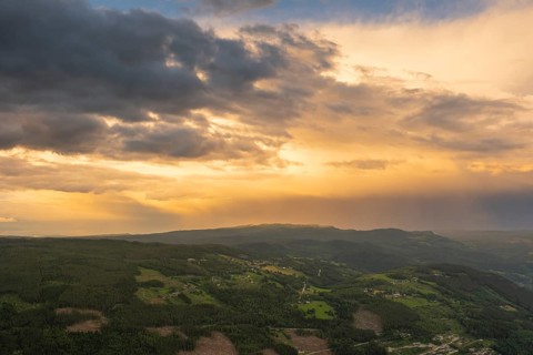 View over a café terrace in the mountains of Gol at sunset, Hallingdal, Buskerud, Norway