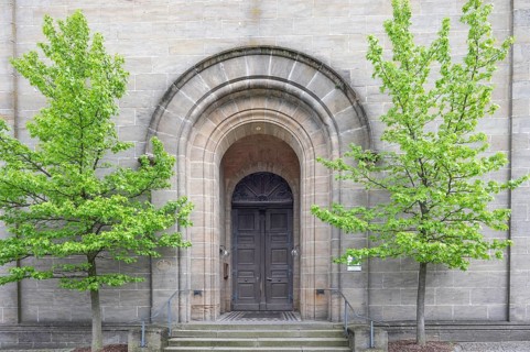 Entrance portal of the parish church of St Andreas, built between 1846 and 1853 in neo-Romanesque