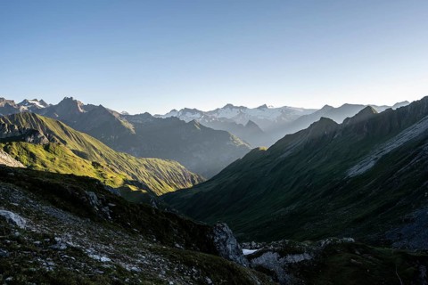 Mountain landscape at sunrise, view of mountain peaks of the Venediger group and into the