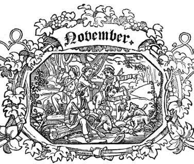 Month of November, Hunters blow for the hunt, Guns, Hunting dogs, Forest, Inscription, Grapevine