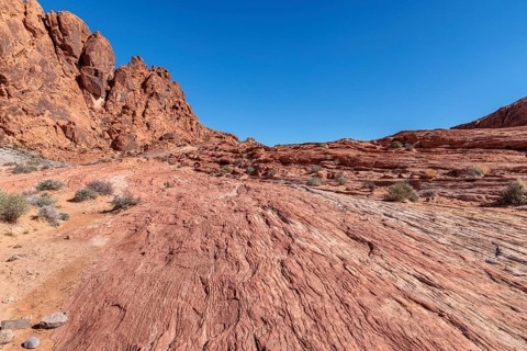 Layered rock formations along the Fire Wave Trail at Valley of Fire State Park near Overton, Nevada